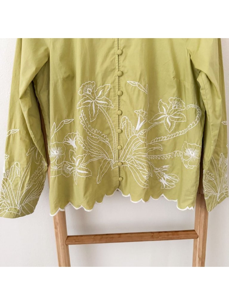 Nwot Rue Stiic S Embroidered Cotton Button Front Blouse Olive Green Scalloped — image 4 of 8